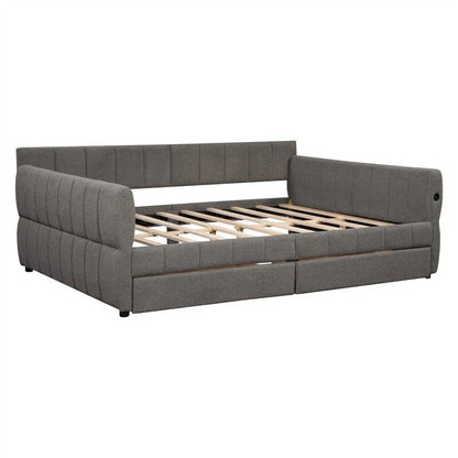 Upholstered Daybed with 2 Storage Drawers, Queen Size Sofa Bed Frame with USB Ports Design and Wood Slats Support