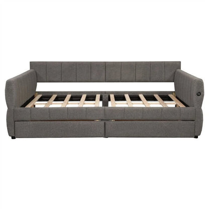 Upholstered Daybed with 2 Storage Drawers, Queen Size Sofa Bed Frame with USB Ports Design and Wood Slats Support