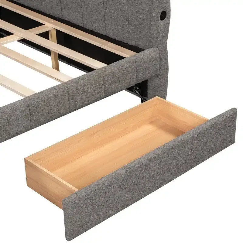 Upholstered Daybed with 2 Storage Drawers, Queen Size Sofa Bed Frame with USB Ports Design and Wood Slats Support