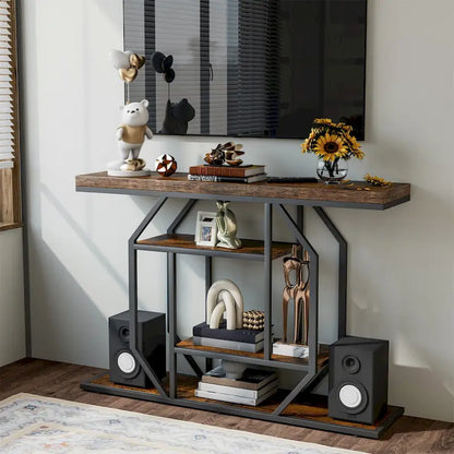 47.24 Rustic Long Console Entry Table Sofa Storage Table Behind Couch with 4 Tier Shelves