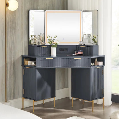 Modern Fluted Makeup Vanity Desk with 3 Way Mirror&Light, Vanity Table