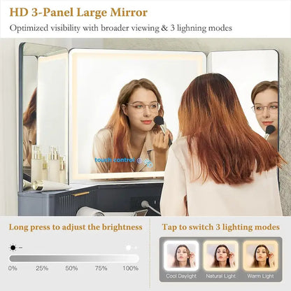 Modern Fluted Makeup Vanity Desk with 3 Way Mirror&Light, Vanity Table