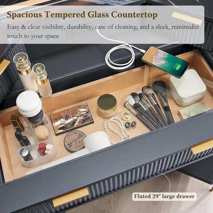 Modern Fluted Makeup Vanity Desk with 3 Way Mirror&Light, Vanity Table
