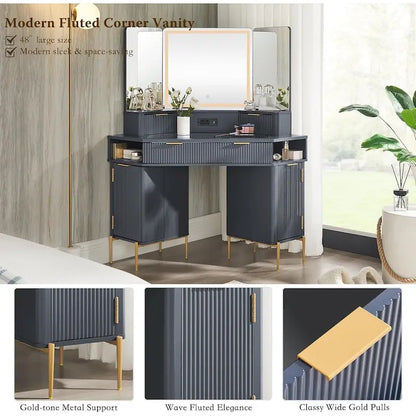 Modern Fluted Makeup Vanity Desk with 3 Way Mirror&Light, Vanity Table