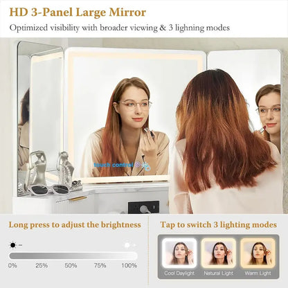 Modern Fluted Makeup Vanity Desk with 3 Way Mirror&Light, Vanity Table