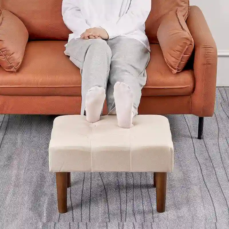 2 Pcs Small Foot Stool Ottoman, Linen Ottoman Foot Rest with Legs, Rectangle Upholstered Footrest