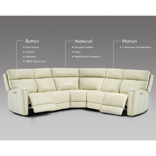 104 W 3-Color Genuine Leather Power Reclining sectional sofa With Zero Gravity, USB&USB-C Ports, 2StationaryArmlesschairs