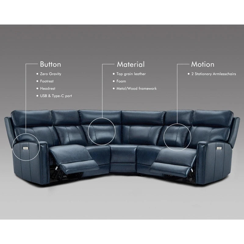 104 W 3-Color Genuine Leather Power Reclining sectional sofa With Zero Gravity, USB&USB-C Ports, 2StationaryArmlesschairs