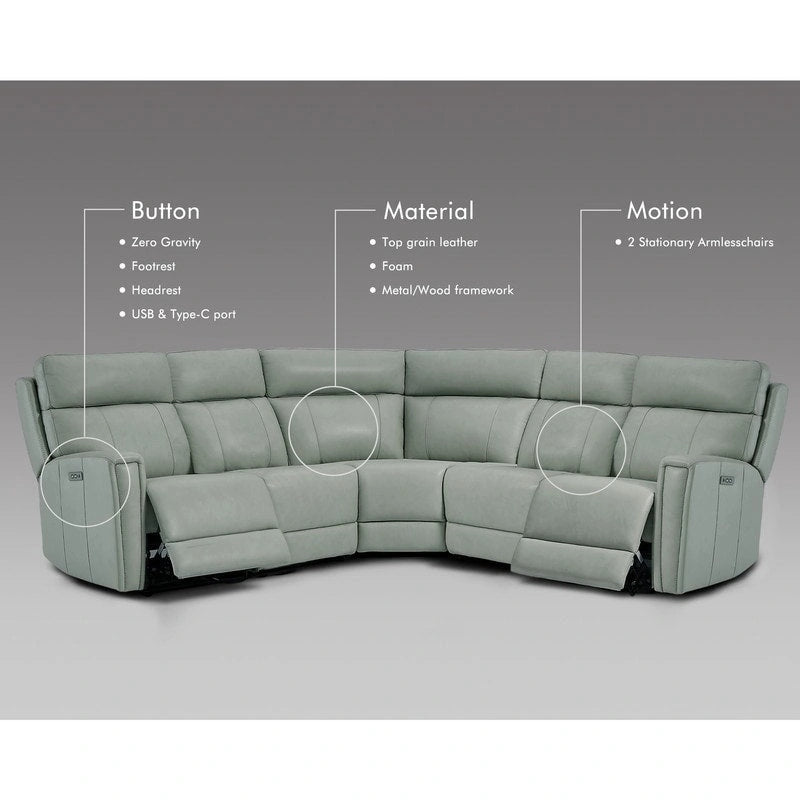 104 W 3-Color Genuine Leather Power Reclining sectional sofa With Zero Gravity, USB&USB-C Ports, 2StationaryArmlesschairs