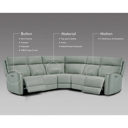 104 W 3-Color Genuine Leather Power Reclining sectional sofa With Zero Gravity, USB&USB-C Ports, 2StationaryArmlesschairs