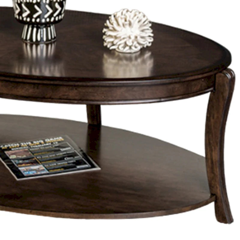 Orio Coffee Table with Open Shelves, 49 Inch Oval Top, Brown Wood