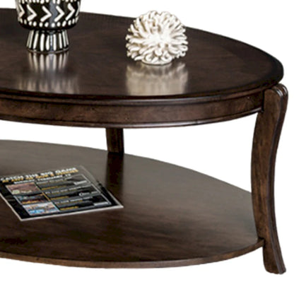 Orio Coffee Table with Open Shelves, 49 Inch Oval Top, Brown Wood