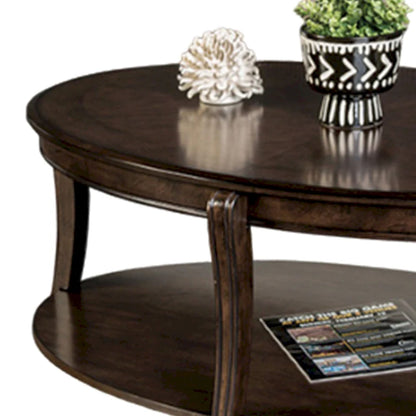Orio Coffee Table with Open Shelves, 49 Inch Oval Top, Brown Wood