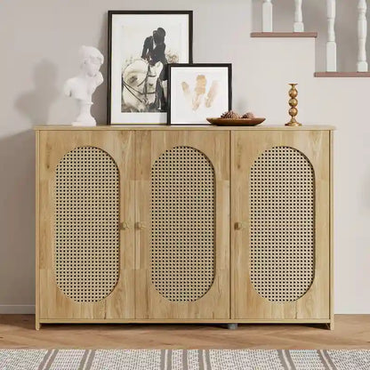 Buffet Cabinet with Artificial Rattan Doors, 3-Door Sideboard Cabinet with Shelves, Coffee Bar Cabinet with Metal Handles