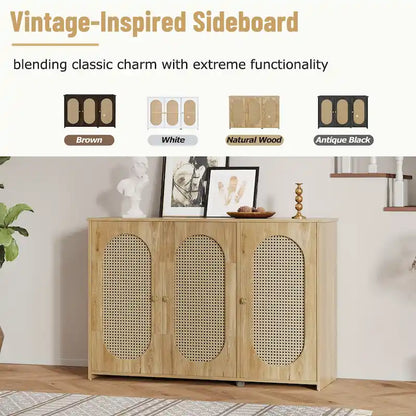 Buffet Cabinet with Artificial Rattan Doors, 3-Door Sideboard Cabinet with Shelves, Coffee Bar Cabinet with Metal Handles