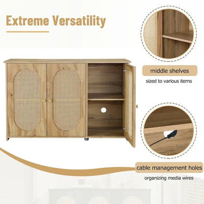 Buffet Cabinet with Artificial Rattan Doors, 3-Door Sideboard Cabinet with Shelves, Coffee Bar Cabinet with Metal Handles