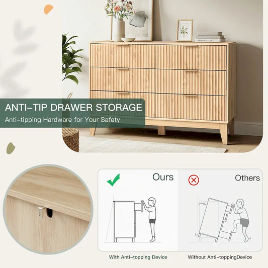 EROMMY Fluted Dresser 6 Drawer Mid Century Modern Dresser Wide Chest of Drawers with Metal Handles for Bedroom Living Room