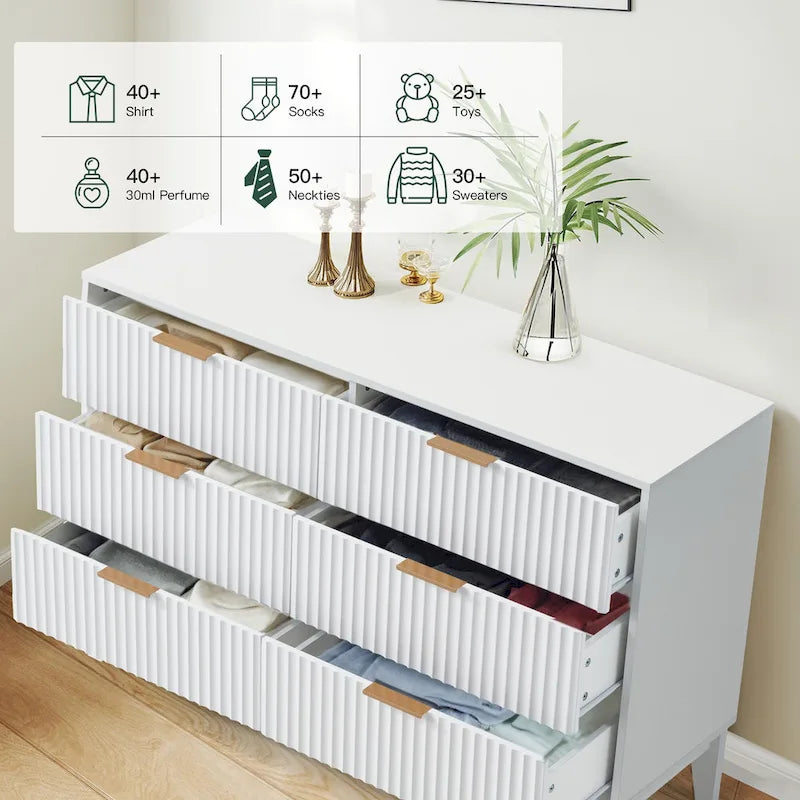 EROMMY Fluted Dresser 6 Drawer Mid Century Modern Dresser Wide Chest of Drawers with Metal Handles for Bedroom Living Room