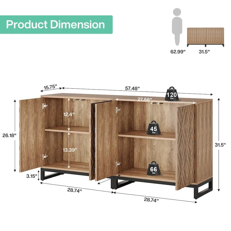 57.5 Inches Farmhouse Sideboard Buffet Cabinet with Doors for Kitchen