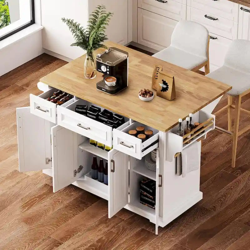 54 Large Kitchen Island with Rubber Wood Drop Leaf, Embossed Texture Rolling Kitchen Cart on 4 Wheels with 4 Doors & 3 Drawers