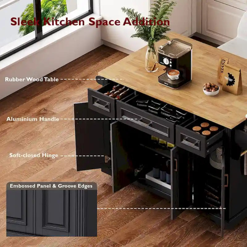 54 Large Kitchen Island with Rubber Wood Drop Leaf, Embossed Texture Rolling Kitchen Cart on 4 Wheels with 4 Doors & 3 Drawers