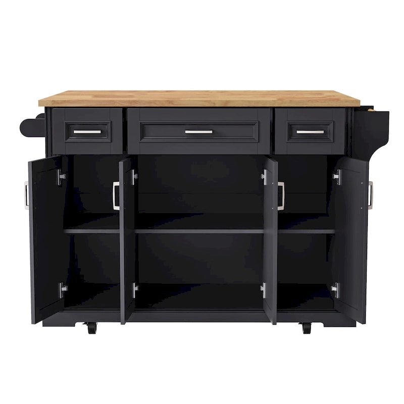 54 Large Kitchen Island with Rubber Wood Drop Leaf, Embossed Texture Rolling Kitchen Cart on 4 Wheels with 4 Doors & 3 Drawers