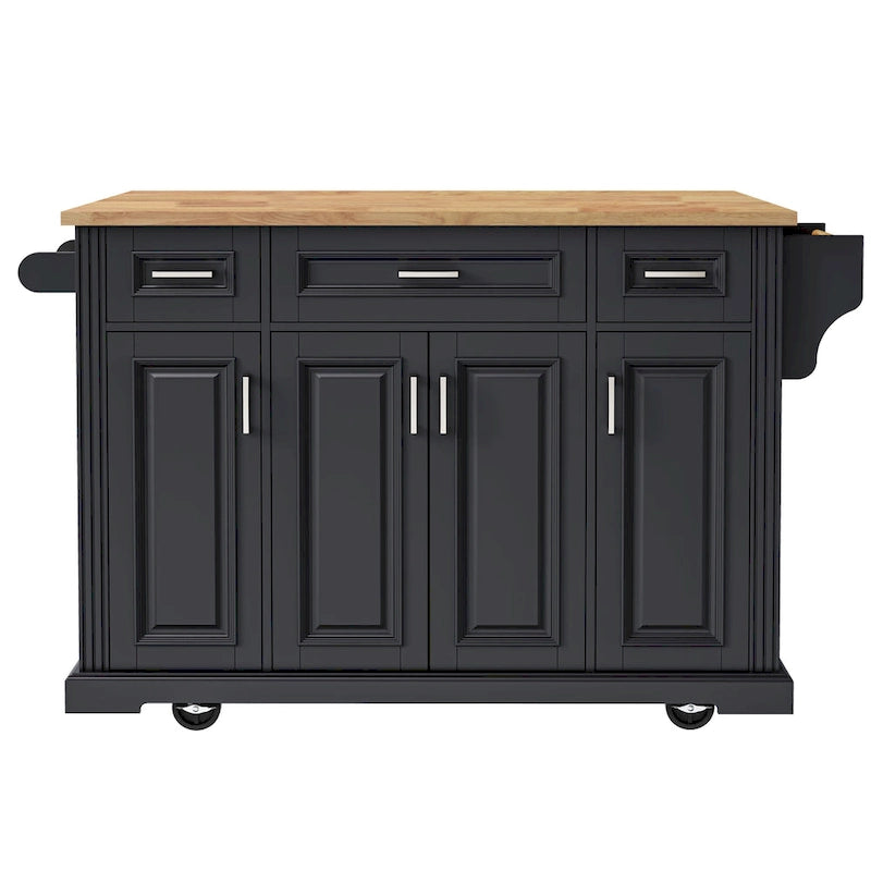 54 Large Kitchen Island with Rubber Wood Drop Leaf, Embossed Texture Rolling Kitchen Cart on 4 Wheels with 4 Doors & 3 Drawers