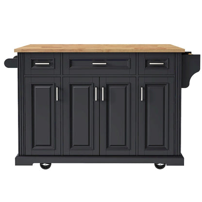 54 Large Kitchen Island with Rubber Wood Drop Leaf, Embossed Texture Rolling Kitchen Cart on 4 Wheels with 4 Doors & 3 Drawers
