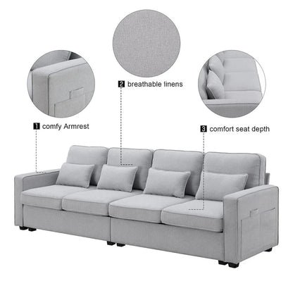Merax 104 4-Seater Modern Linen Fabric Sofa with Armrest Pockets and 4 Pillows,Minimalist Style Couch