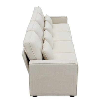 Merax 104 4-Seater Modern Linen Fabric Sofa with Armrest Pockets and 4 Pillows,Minimalist Style Couch