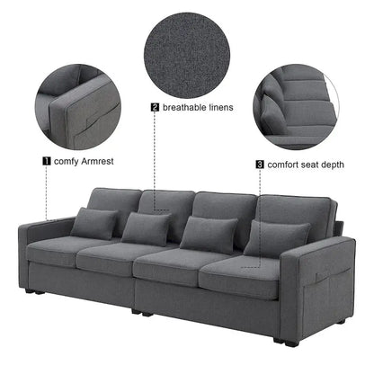 Merax 104 4-Seater Modern Linen Fabric Sofa with Armrest Pockets and 4 Pillows,Minimalist Style Couch