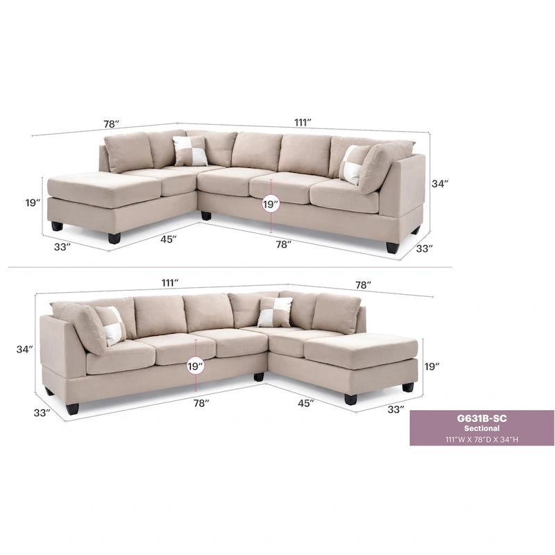 Malone 111 in. Suede 4-Seater Sectional Sofa with 2-Throw Pillow - 111L x 78W x 34H