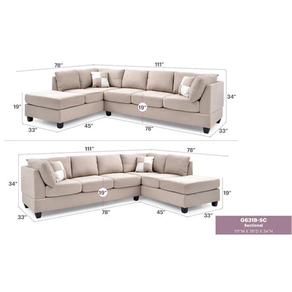 Malone 111 in. Suede 4-Seater Sectional Sofa with 2-Throw Pillow - 111L x 78W x 34H