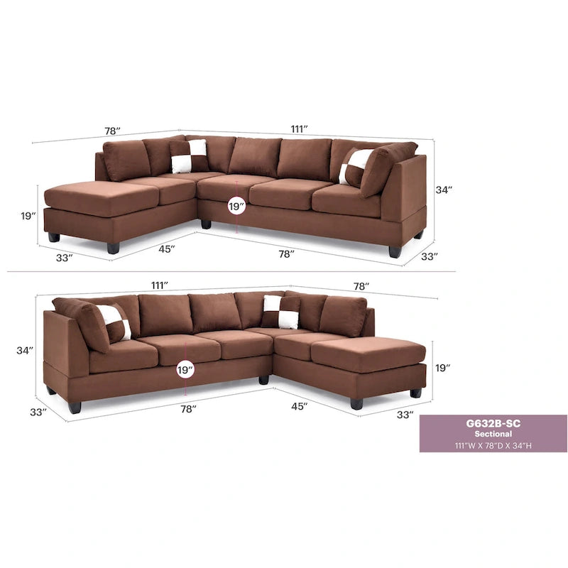 Malone 111 in. Suede 4-Seater Sectional Sofa with 2-Throw Pillow - 111L x 78W x 34H