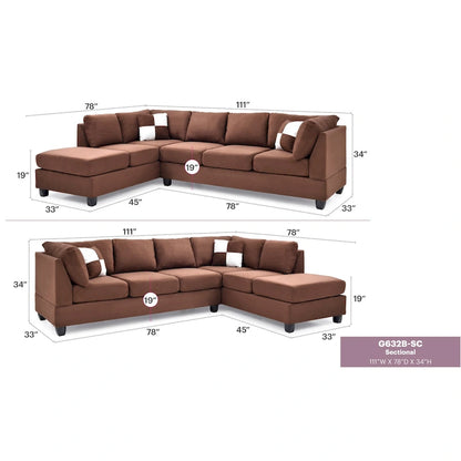Malone 111 in. Suede 4-Seater Sectional Sofa with 2-Throw Pillow - 111L x 78W x 34H