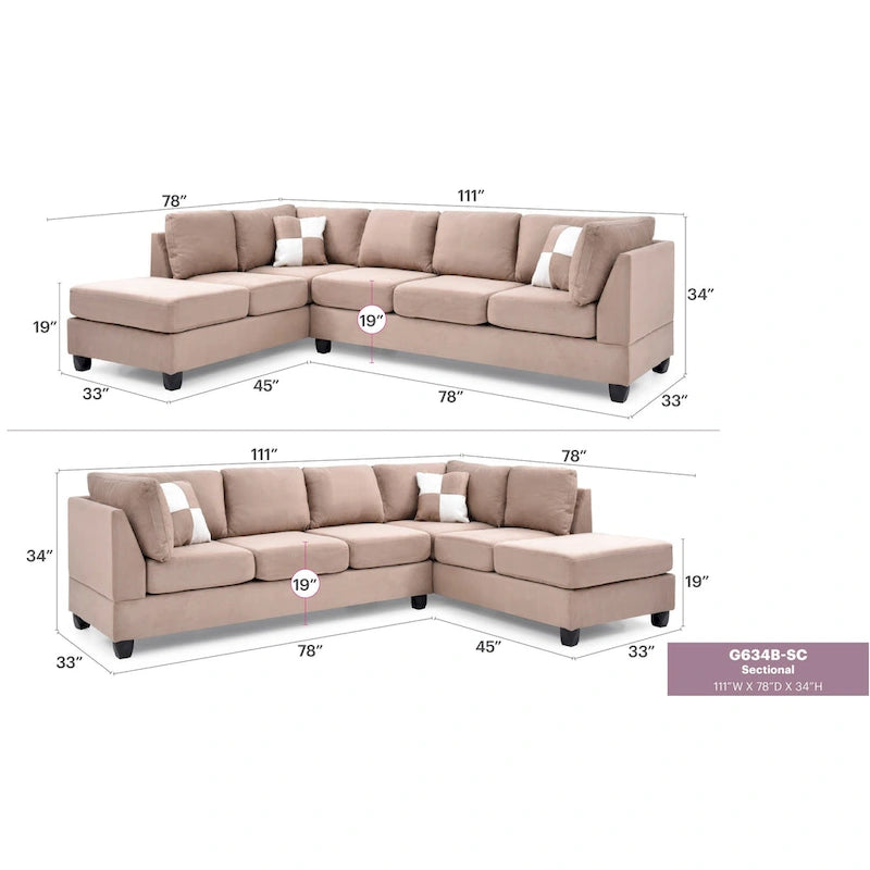 Malone 111 in. Suede 4-Seater Sectional Sofa with 2-Throw Pillow - 111L x 78W x 34H