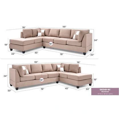 Malone 111 in. Suede 4-Seater Sectional Sofa with 2-Throw Pillow - 111L x 78W x 34H