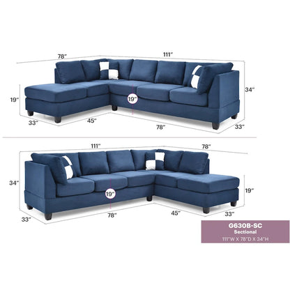 Malone 111 in. Suede 4-Seater Sectional Sofa with 2-Throw Pillow - 111L x 78W x 34H