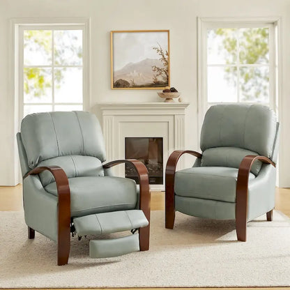 Alex Mid-century Modern Cigar Genuine Leather Manual Recliner with Wooden Curved Arms, Set of 2