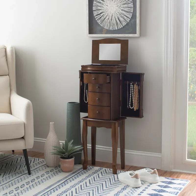 Serena Mirrored Walnut Standing Jewelry Armoire