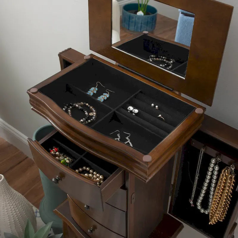 Serena Mirrored Walnut Standing Jewelry Armoire