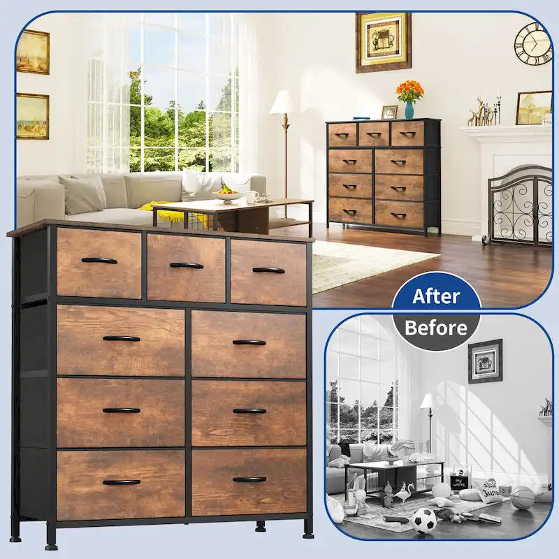Moasis Rustic Wood-grain Badroom Dresser with Metal Frame, Wooden Top