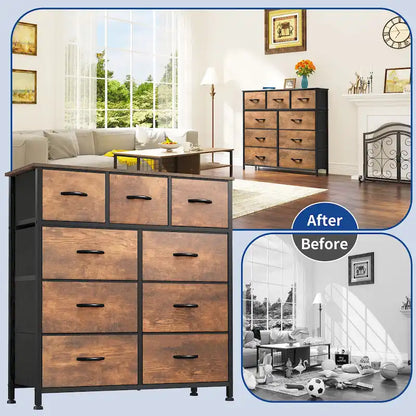 Moasis Rustic Wood-grain Badroom Dresser with Metal Frame, Wooden Top