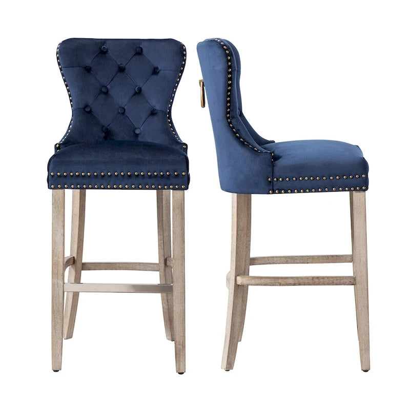 Carter 29 Wingback Tufted Nailhead Bar Stool (Set of 2), Antique Grey Legs