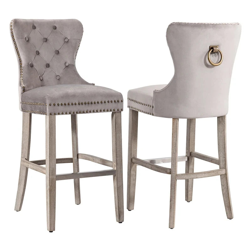 Carter 29 Wingback Tufted Nailhead Bar Stool (Set of 2), Antique Grey Legs