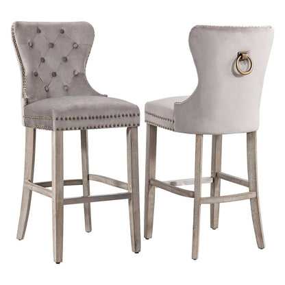 Carter 29 Wingback Tufted Nailhead Bar Stool (Set of 2), Antique Grey Legs