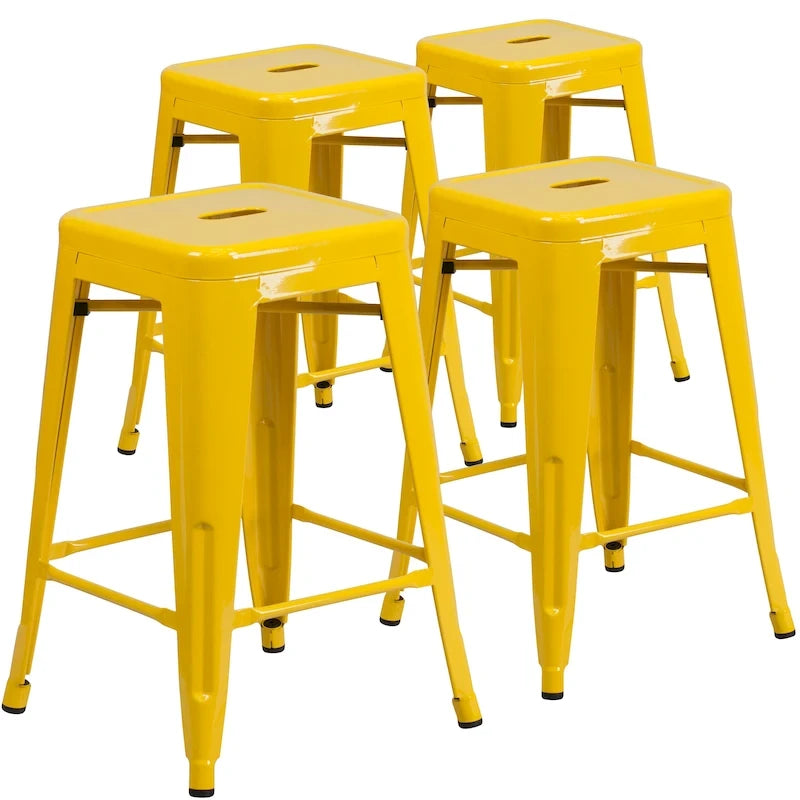4 Pack 24H Backless Metal Indoor-Outdoor Counter Height Stool w/Square Seat