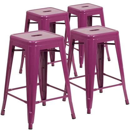 4 Pack 24H Backless Metal Indoor-Outdoor Counter Height Stool w/Square Seat