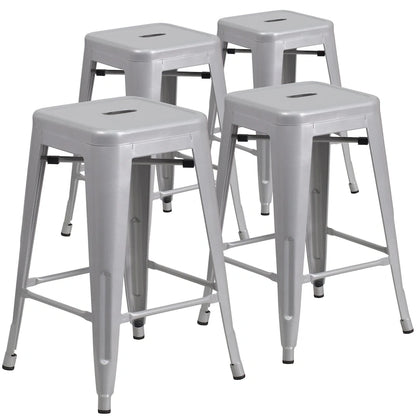 4 Pack 24H Backless Metal Indoor-Outdoor Counter Height Stool w/Square Seat