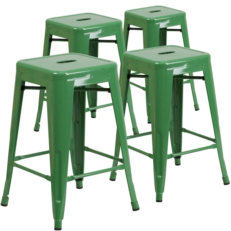 4 Pack 24H Backless Metal Indoor-Outdoor Counter Height Stool w/Square Seat